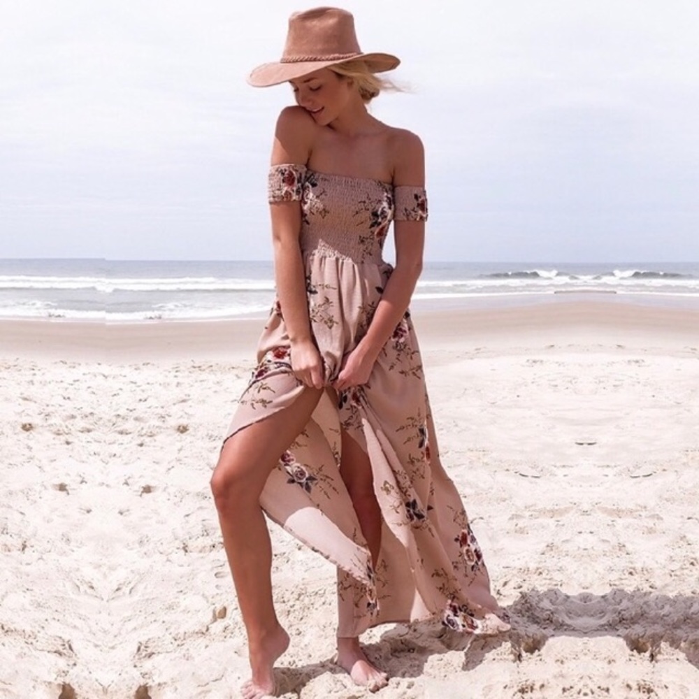 Faux Wrap Smocked Off Shoulder Floral Maxi Dress - Picture 4 of 8